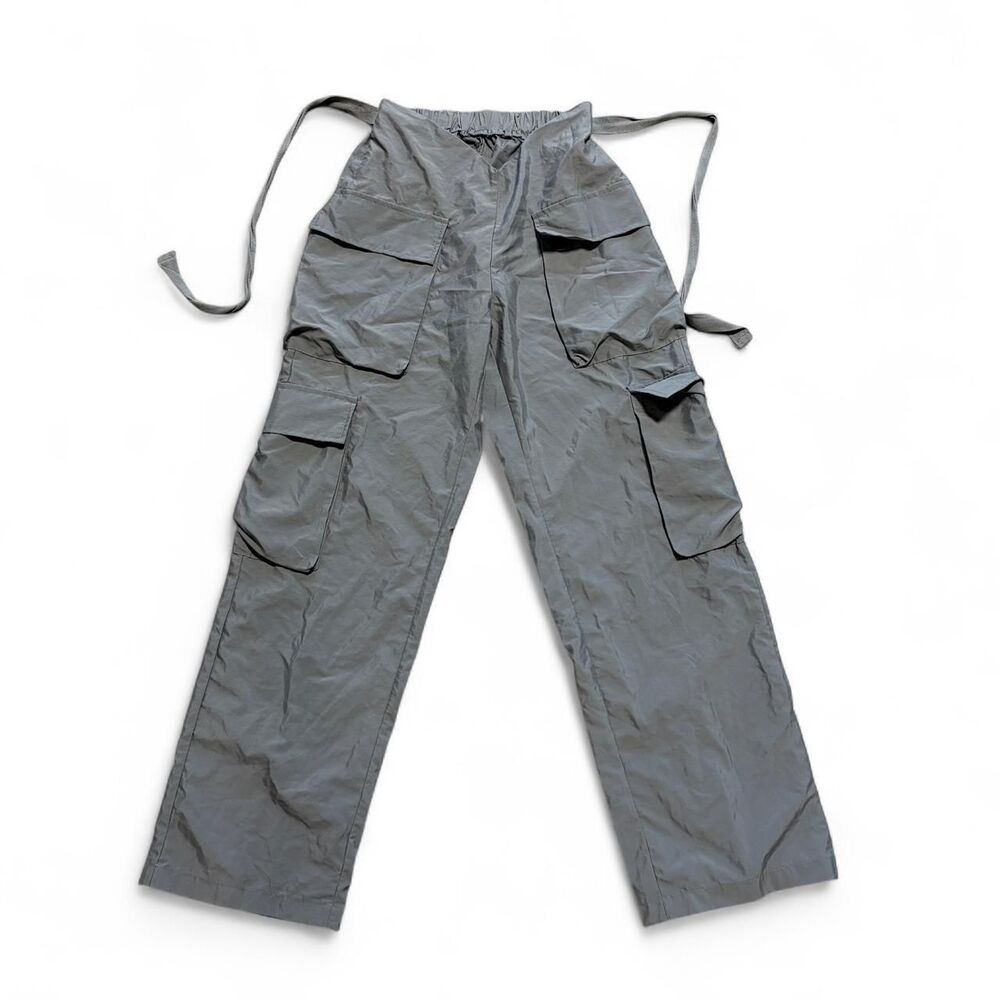 Grey V-Waist Cargo Pants with Tie Straps Utility Chic Straight Leg Small